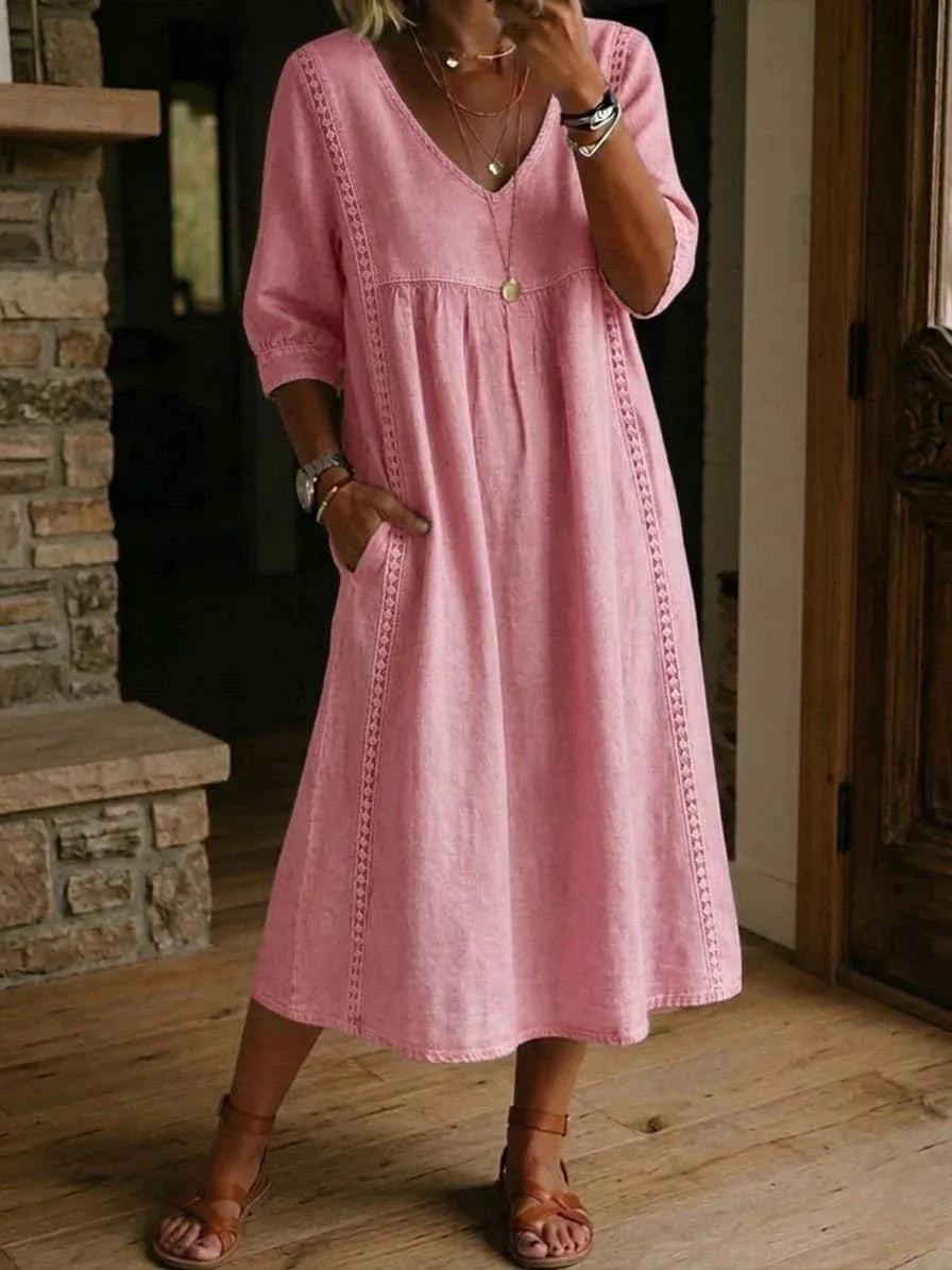 Women Summer Casual Loose V Neck Lace Splicing Midi Dress, Solid Three Quarter Sleeve Breathable Daily Vacation Dress