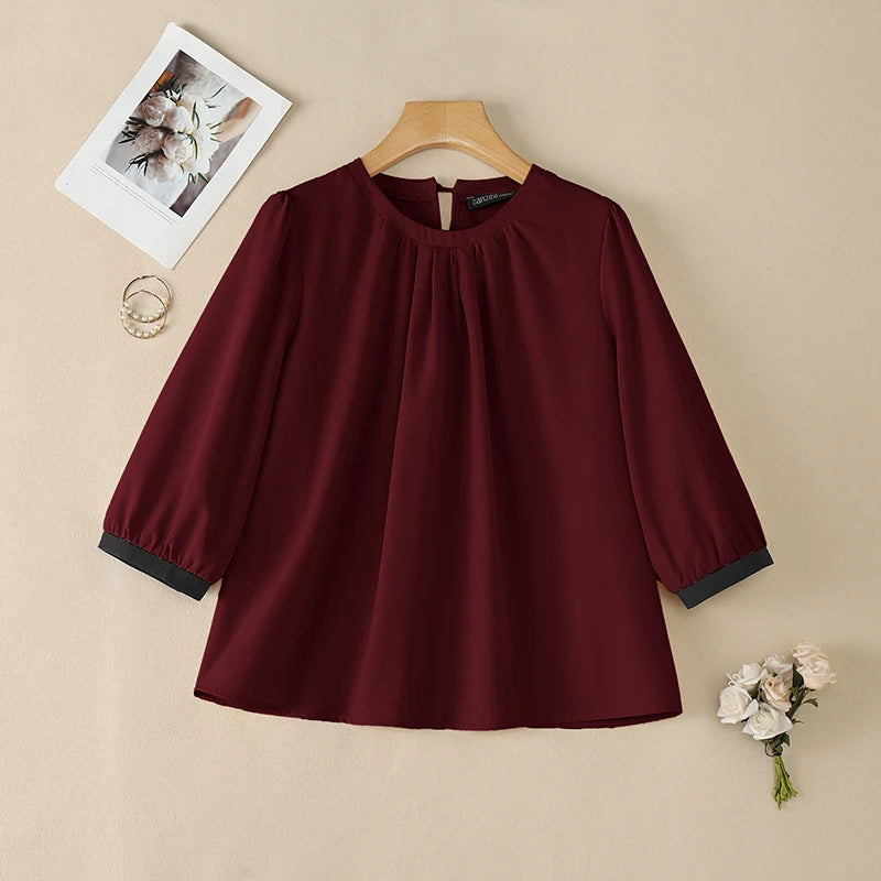 ZANZEA Woman Casual Blouses Gathered O-Neck Contrast-Trim 3/4 Sleeve Solid Color Tops 2026 Summer Everyday Wear Blusas de Mujer