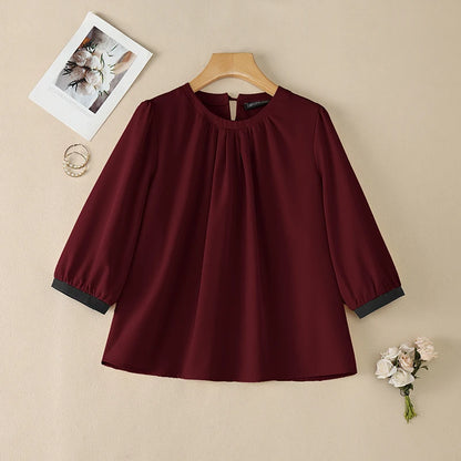 ZANZEA Woman Casual Blouses Gathered O-Neck Contrast-Trim 3/4 Sleeve Solid Color Tops 2026 Summer Everyday Wear Blusas de Mujer