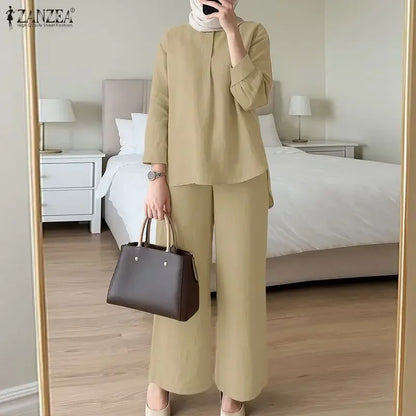 ZANZEA Women 2026 Spring Matching Sets Fahion Long Sleeve Tops Pant Sets Muslim Ramadan Outfits Elegant Solid OL Work Tracksuit