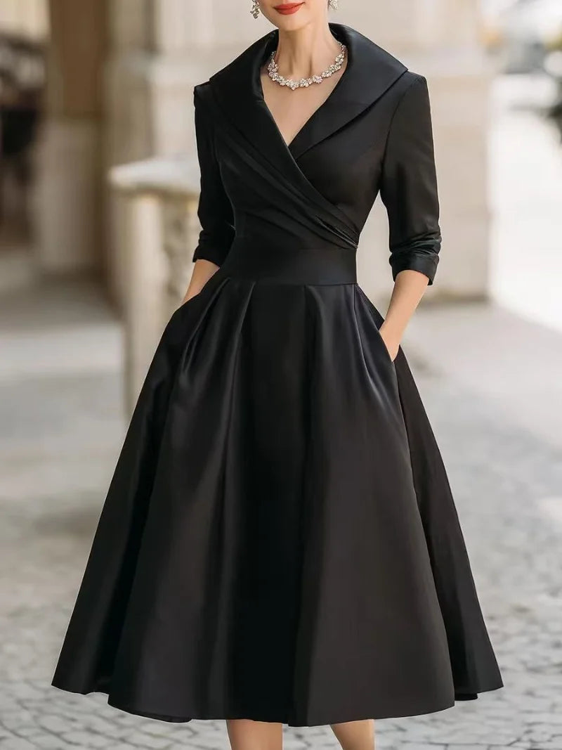 Women's Vintage V Neck Long Sleeve Wrap Waist A Line Midi Dress with Pockets