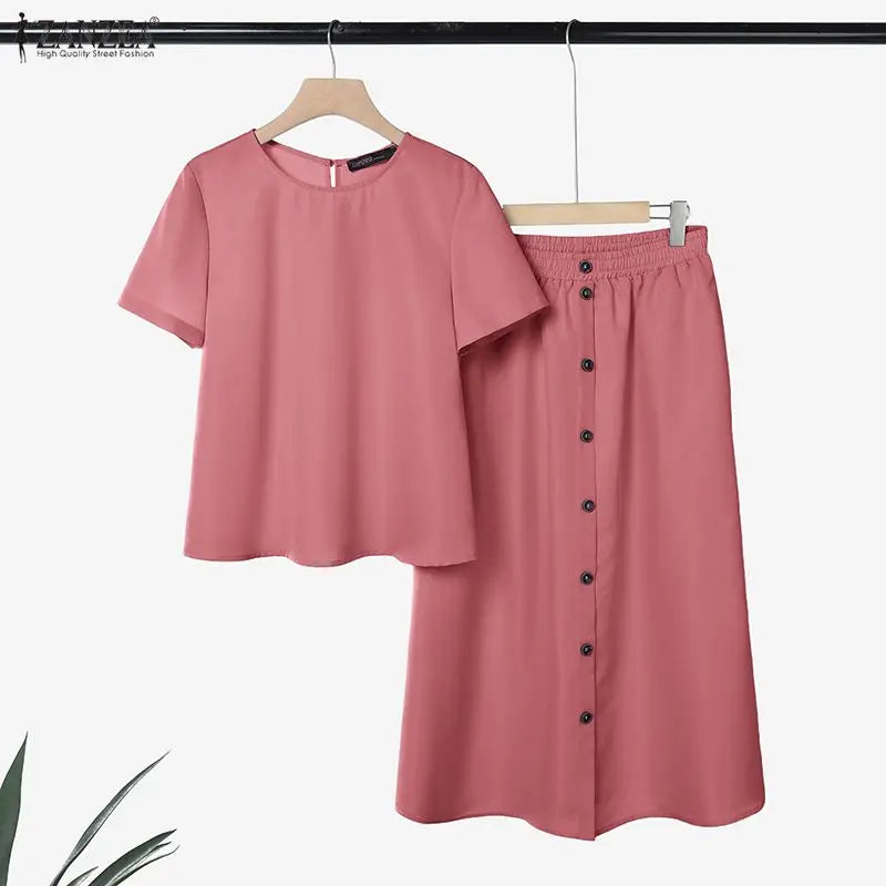 ZANZEA 2026 Summer Outfits Women Dress Sets Short Sleeve Blouse Sundress Suit Elegant 2 Piece Sets Casual Solid Color Tracksuit