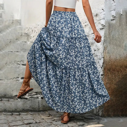 Women High Waist Floral Print A-Line Three Tiered Maxi Skirt Long Ruffle Trim Boho Summer Vacation Holiday Skirt Vestidos