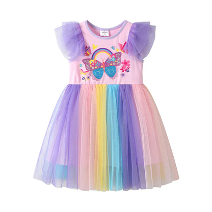 VIKITA Kids Butterfly Flower Print Summer Dress Girls Pink Colorful Party Vacation Daily Princess Dresses Children Clothes
