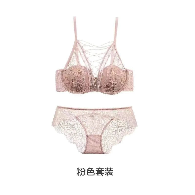 French Lace Bralette Set Small Bust Women Soft Wire Support Sexy Pure Hollow Out Lace Up Comfort T-Shirt Bra Everyday MOYISU AB