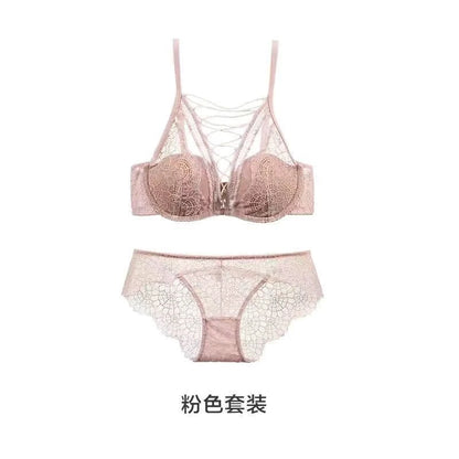 French Lace Bralette Set Small Bust Women Soft Wire Support Sexy Pure Hollow Out Lace Up Comfort T-Shirt Bra Everyday MOYISU AB