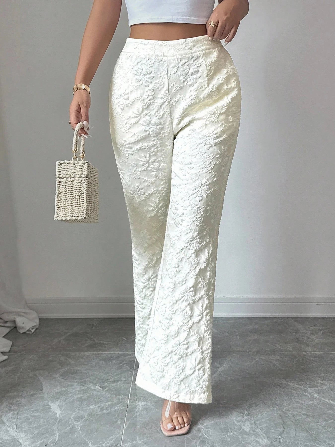 Women's Apricot Wide Leg Pants 3D Floral Embossed High Waist Flared Pants Elegant Casual Spring Summer Vacation Office Trousers