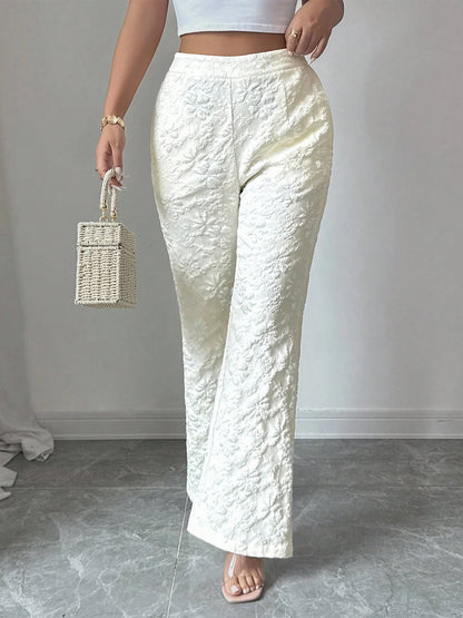 Women's Apricot Wide Leg Pants 3D Floral Embossed High Waist Flared Pants Elegant Casual Spring Summer Vacation Office Trousers