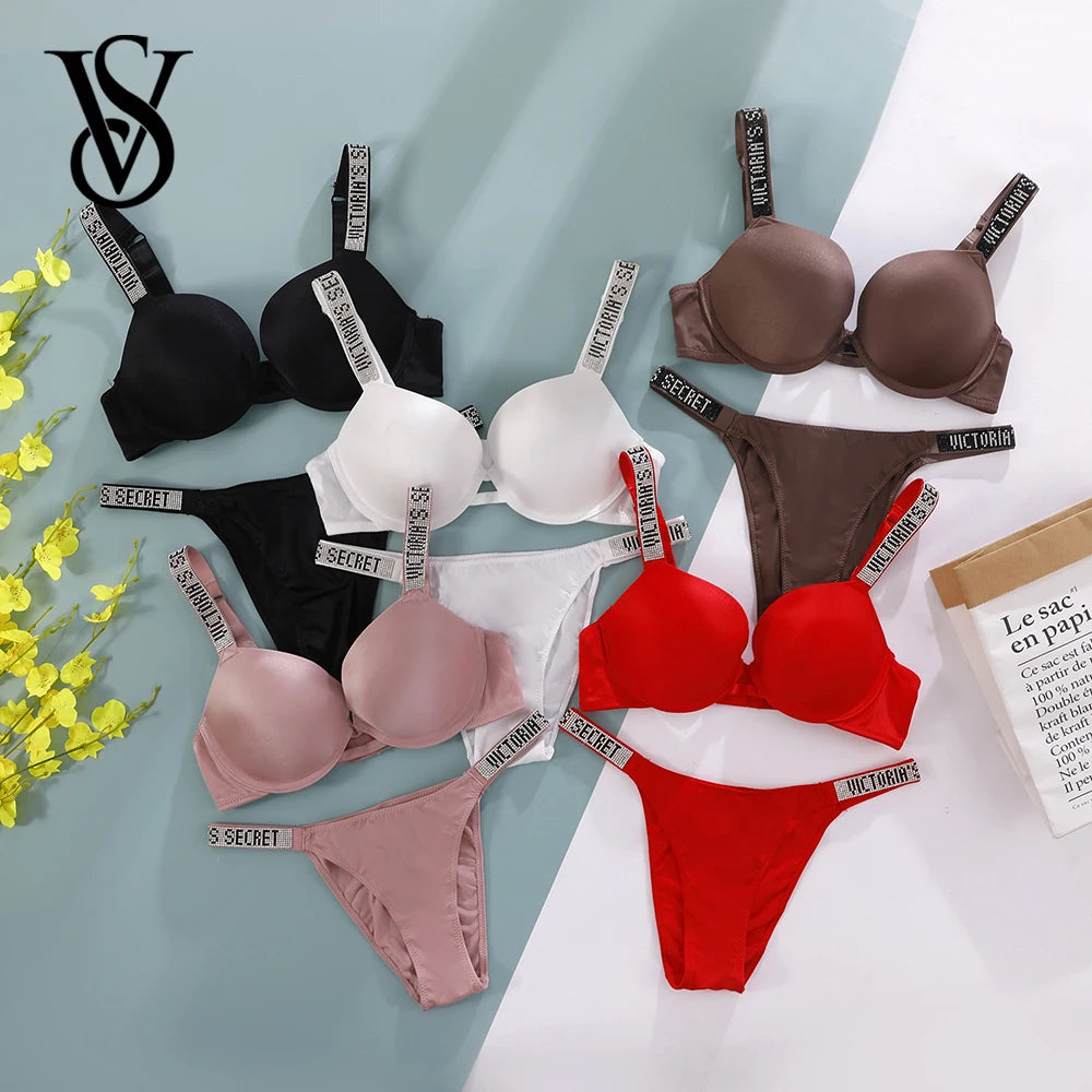 Victoria Secret Shine Script Thong Panty Very Sexy Logo Shine Strap Push Up Bra Set Sexy Women Lingerie Hot