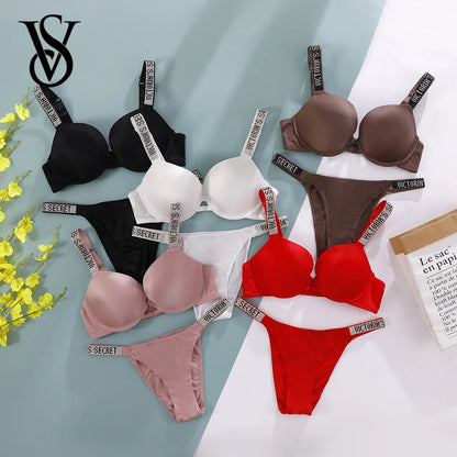 Victoria Secret Shine Script Thong Panty Very Sexy Logo Shine Strap Push Up Bra Set Sexy Women Lingerie Hot