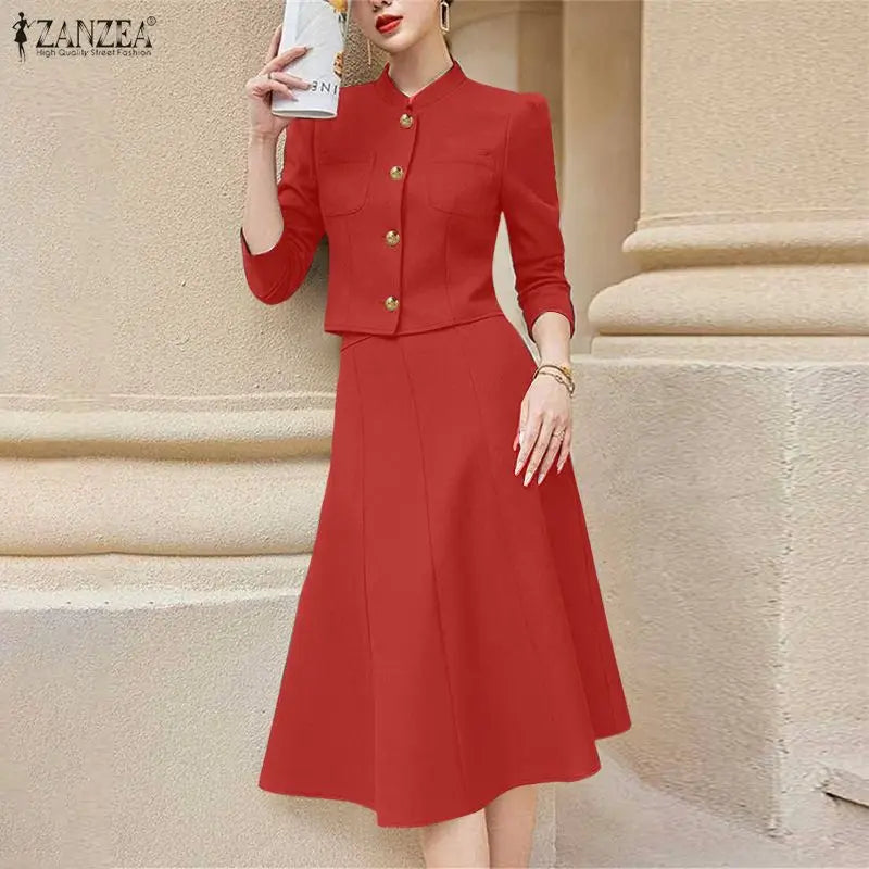 2026 ZANZEA Spring 2 Piece Sets Elegant Office Dress Sets Women Stylish Solid Work Outfit Stand Neck 3/4 Sleeve Shirt Skirt Suit