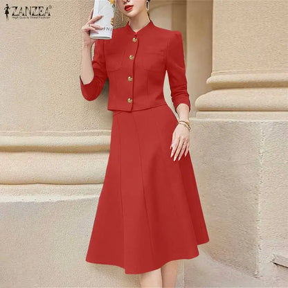 2026 ZANZEA Spring 2 Piece Sets Elegant Office Dress Sets Women Stylish Solid Work Outfit Stand Neck 3/4 Sleeve Shirt Skirt Suit
