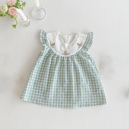 Baby Kid's Summer Plaid Dress 0-5Y Cute Embroidered Bunny Flying Sleeve Children's Dresses Sisters Clothing Baby Girls Bodysuit