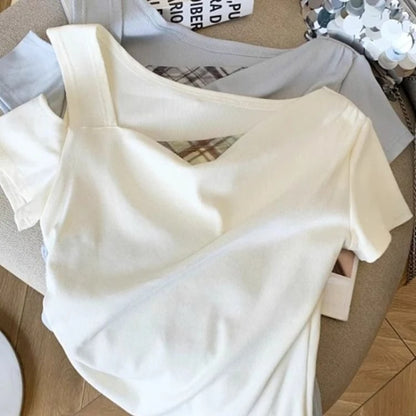 Girls Off Shoulder Fake Two Piece T-Shirt Short Sleeve Summer Kids Top Slim Fit Color Block Splicing Tee for Big Girls Age 7-14