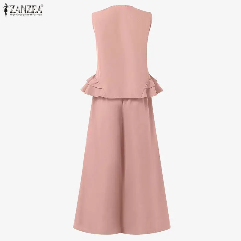 ZANZEA Women's Casual Fashion Pant Sets Ruffled Hem Sleeveless Tops & Wide Leg Pants 2 Piece Suits Summer Commute Work Outfits