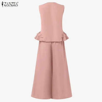 ZANZEA Women's Casual Fashion Pant Sets Ruffled Hem Sleeveless Tops & Wide Leg Pants 2 Piece Suits Summer Commute Work Outfits