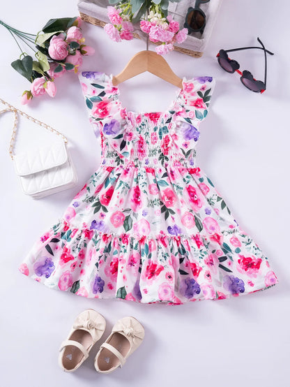 Summer Kids Girls Sweet Floral Dress with Ruffled Sleeves Smocked Waist Perfect Children Dresses Western Style Baby Clothes