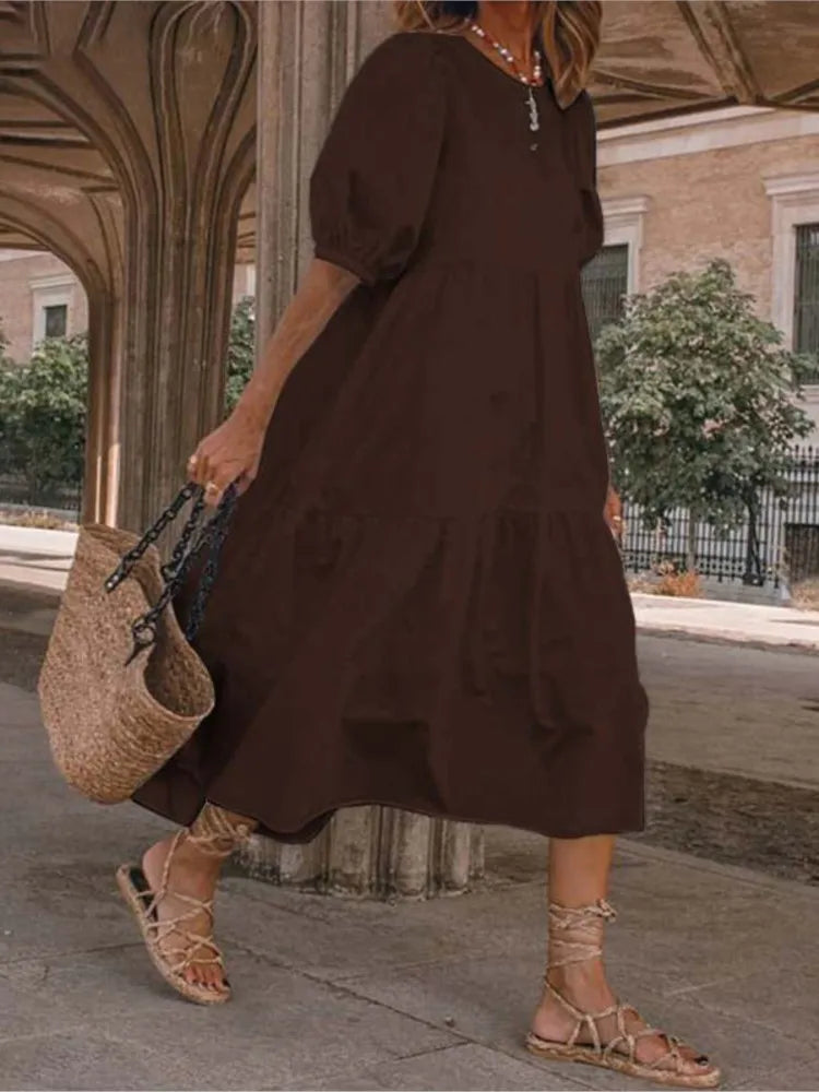 Summer New Solid Color Short Sleeved Loose For Women's Dresses Fashion Casual Patchwork Retro Beach Holiday Maxi Female Sundress