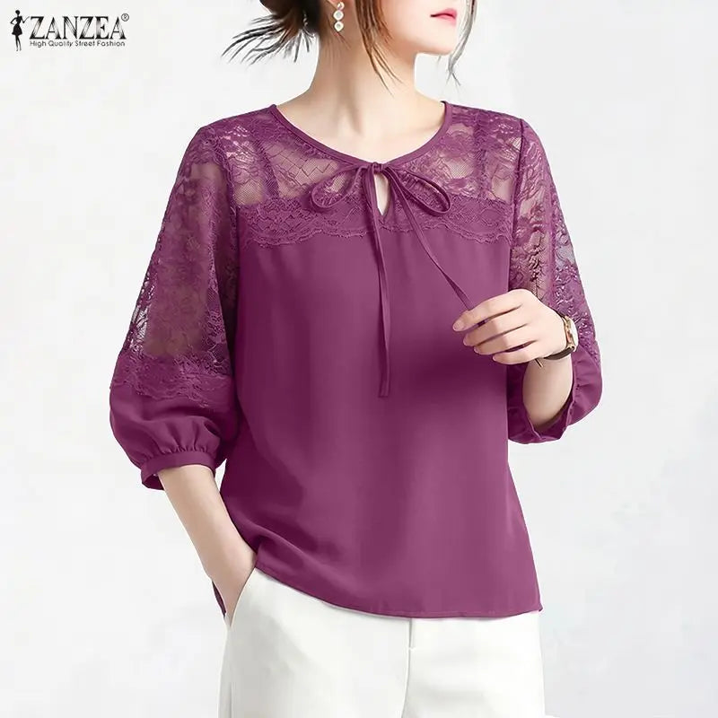 ZANZEA Woman Elegant Lace Patchwork Blouses Lace-Up O-Neck Lantern Sleeves Solid Color Sheer Tops Summer Everyday Wear Blusas