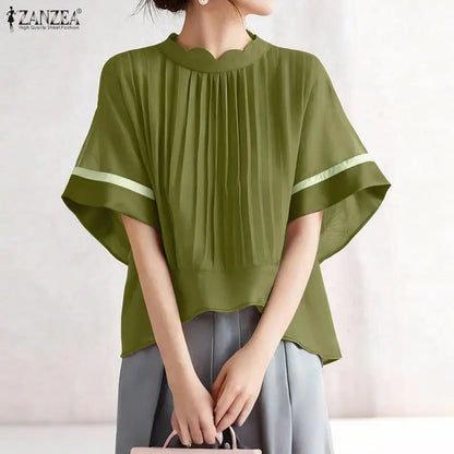 ZANZEA Women's Pleated Scalloped Mock Neck Blouses, Fashion High-Low Hem Tops with Contrast Trim Bell Sleeves, Woman Clothes