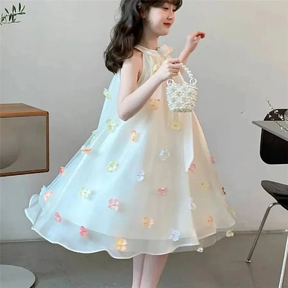 Girls Sleeveless Princess Dresses Baby Print Mesh Sweet Dresses Kids Party Evening Tutu Gown Ball Childrens Clothes 4-12 Years