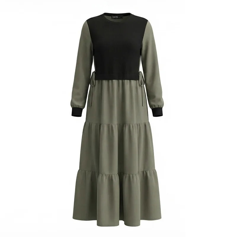 ZANZEA Fashion Women Patchwork Muslim Abaya Dress O Neck Long Sleeve Pleated Sundress Ramadan Robe Casual Maxi Dresses Kaftan