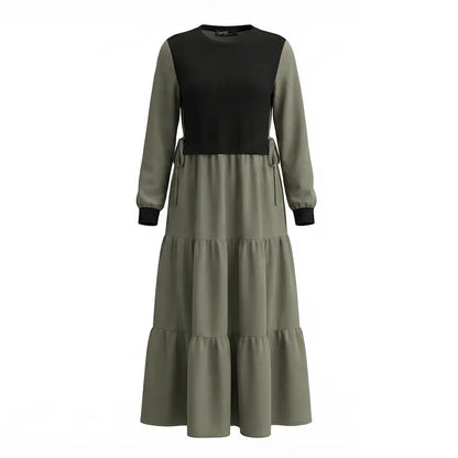 ZANZEA Fashion Women Patchwork Muslim Abaya Dress O Neck Long Sleeve Pleated Sundress Ramadan Robe Casual Maxi Dresses Kaftan