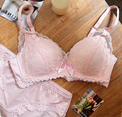 French Lace Bra Wireless Push Up Bralette for Small Bust Adjustable Straps Anti Sagging Support Sexy Lace Up Lingerie Panty Set