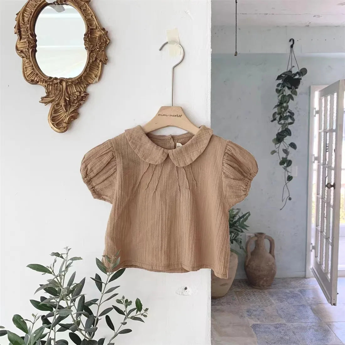 2025 Summer New Baby Girl Solid Puff Sleeve Shirts Cotton Infant Short Sleeve T Shirts Toddler Casual Lapel Shirts Kids Clothes