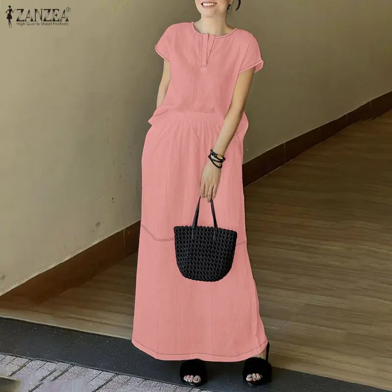 ZANZEA Summer 2 Piece Sets Elegant Women Short Sleeve Blouse Dress Sets Stylish Solid OL Work Outfits Casual Holiday Skirt Suit