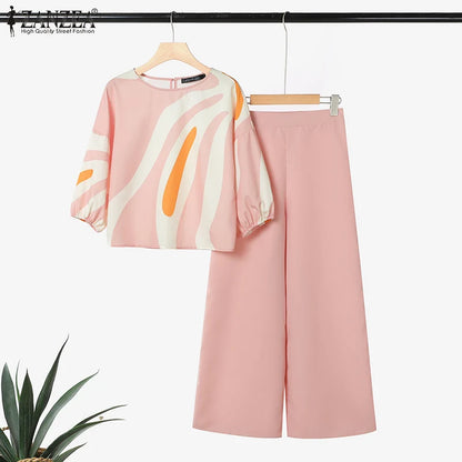 ZANZEA Women's Pant Sets with Abstract Waves Print 3/4 Sleeve Blouse & Wide Leg Pant 2 Pieces Suits Summer Casual 2pcs Outfits