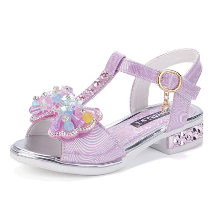 2026 Summer Children Princess Sandals Kids Girls Wedding Shoes High Heels Dress Shoes Bowtie Purple Pink White Shoes For Girls