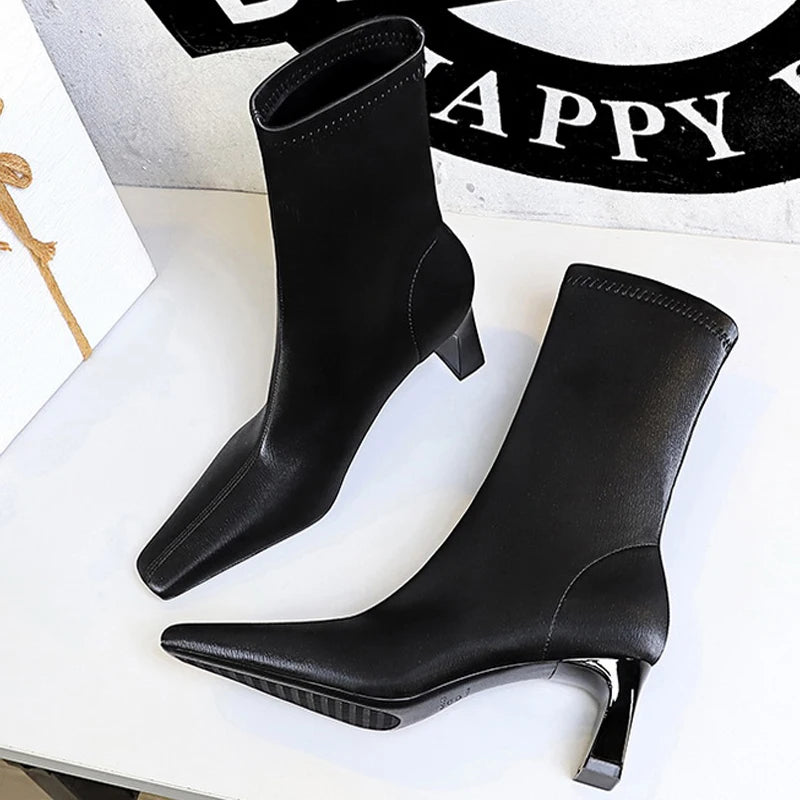 BIGTREE Shoes Autumn Winter Short Boots Square Head Leather Boots Women Shoes Thick Heel Skinny Boots Fashion High-heeled Boots