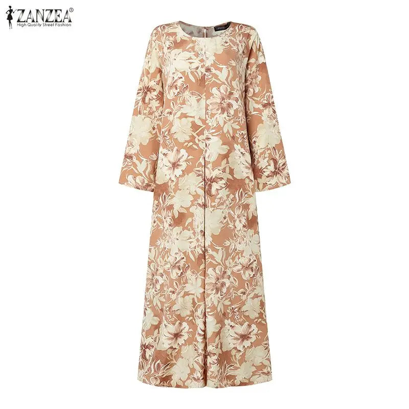 ZANZEA Modest Muslim Abaya Hijab Dress 2026 Fashion Women Long Sleeve Floral Printed Sundress Dubai Robe Femme Vestidos Ramadan