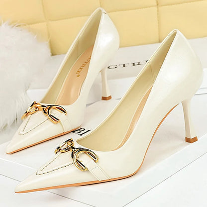 BIGTREE Shoes Metal Belt Buckle Decoration Women Pumps Retro High Heels Pointy-Toed Shoes Stiletto Heels 8 cm Luxury Pumps Lady