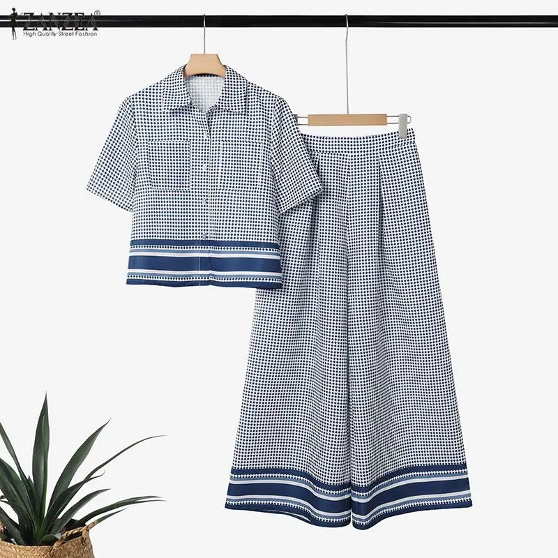 2026 ZANZEA Summer Pant Sets Fashion Women 2 Piece Sets Short Sleeve Shirt Wide Leg Trousers Suit Plaid Outfits Office Tracksuit