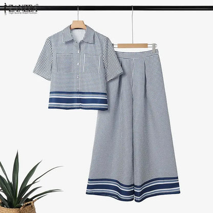 2026 ZANZEA Summer Pant Sets Fashion Women 2 Piece Sets Short Sleeve Shirt Wide Leg Trousers Suit Plaid Outfits Office Tracksuit