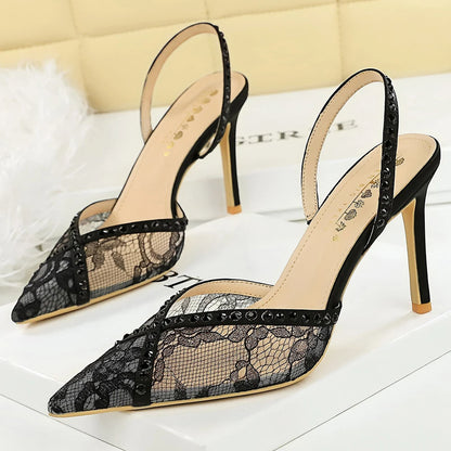 Sexy High-heeled Sandals Women Shoes Rhinestone Design High Heels Women Pumps Lace Mesh Stiletto Heels 9 cm Summer Sandals Lady
