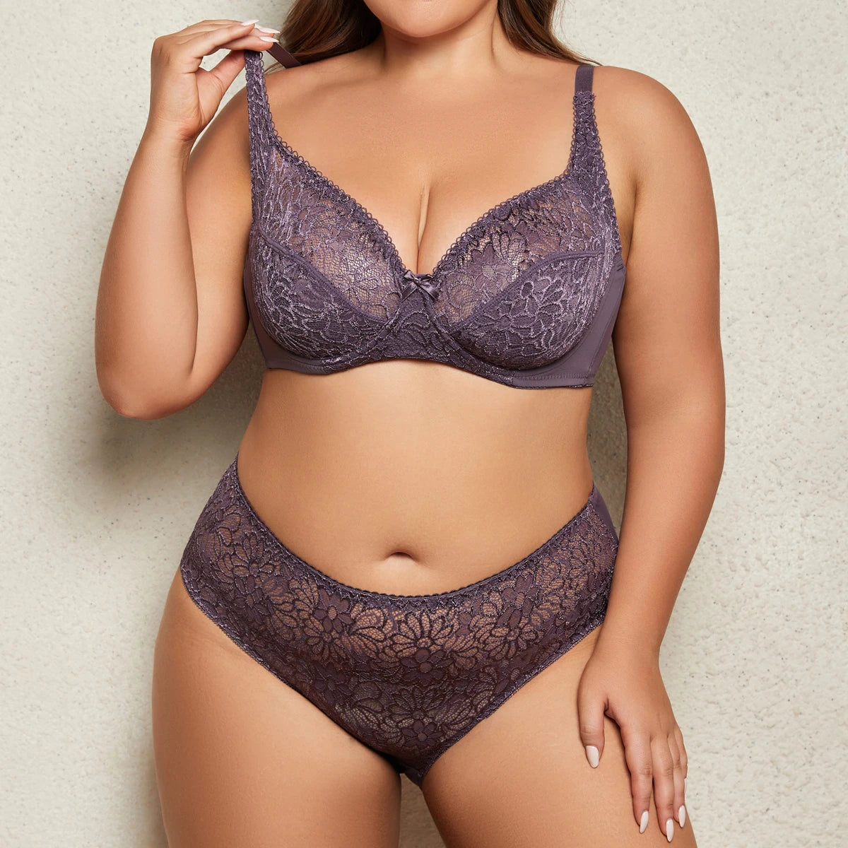 BEAUWEAR Female Big Size Lace Lingerie Set Bra with Wire Unlined Thin Breathable Bra and Panties Set 85C-110E