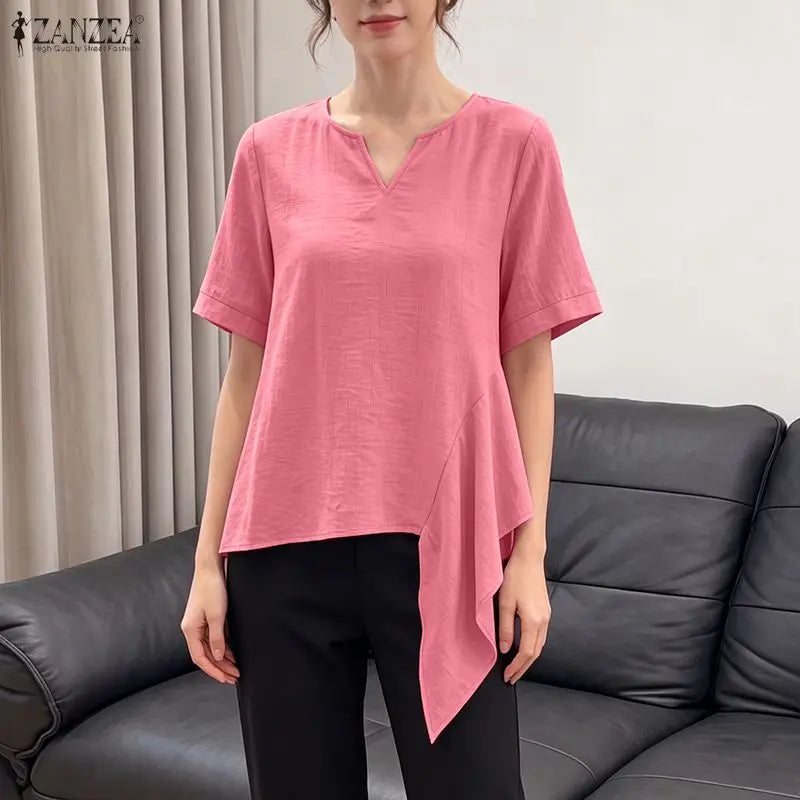 ZANZEA 2026 Woman Crinkled Fabric Asymmetrical Hem Blouses V-Neck Short Sleeve Solid Tops Summer Casual Daily Wear Blusas Mujer