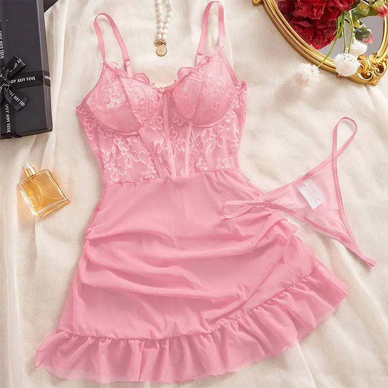 Hot Sexy Lace Splicing Dress Women Lingerie See Through Nightdress Solid Slim Soft V Neck Corset Push Up Bra Underwear Thong Set