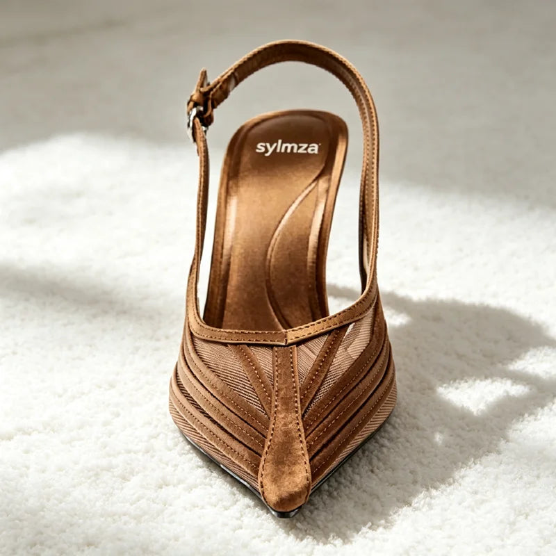 Elegant Pointed Toe Slingback High Heels Women Sexy Mesh Stitching Detail Heeled Sandals for Ladies Summer Luxury Designer Pumps