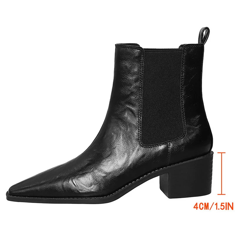 2026 New Women Chunky Heel Chelsea Boots Leather Shoes Pointed Women's Ankle Boots Fashion Women Short Boots Autumn Winter Boots