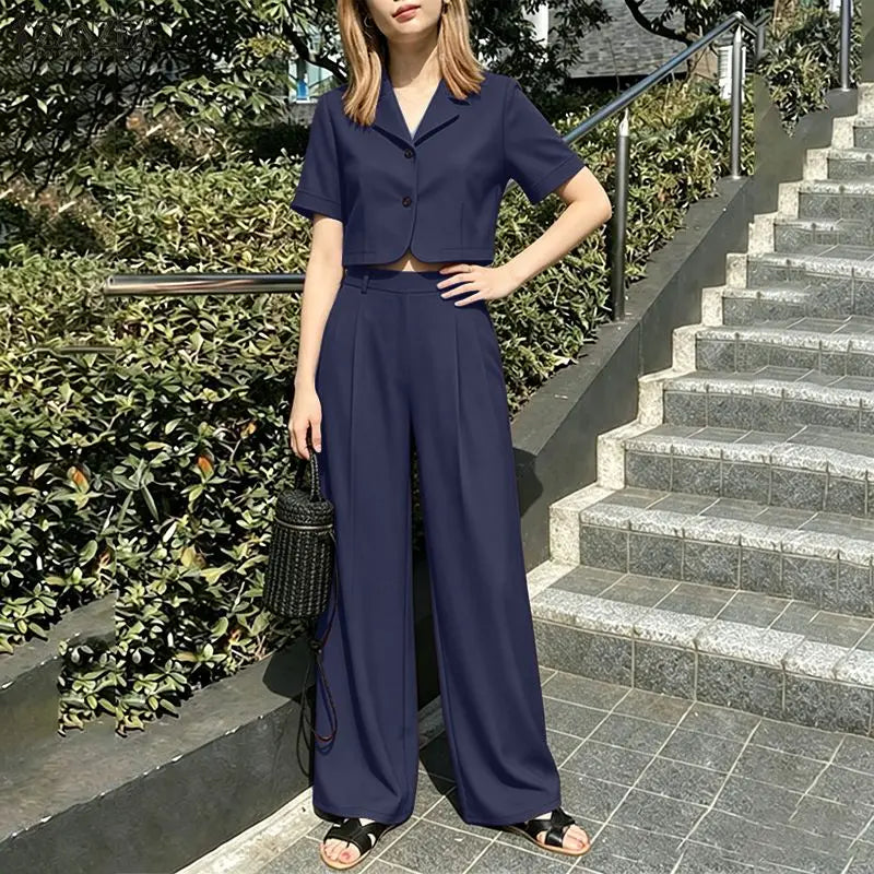 ZANZEA Women's Summer 2 Piece Pant Sets Wide Leg Pant & Lapel Collar Short Sleeve Crop Top 2pc Suits Casual Commute Work Outfits