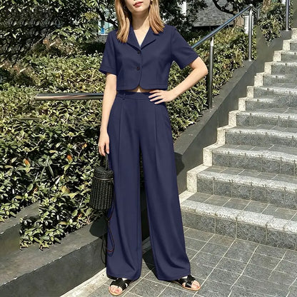 ZANZEA Women's Summer 2 Piece Pant Sets Wide Leg Pant & Lapel Collar Short Sleeve Crop Top 2pc Suits Casual Commute Work Outfits