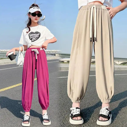 Girls' Mosquito Repellent Summer Tapered Pants Viscose Lightweight Loose Fitting Harem Pants with Elastic Cuffs for Activities