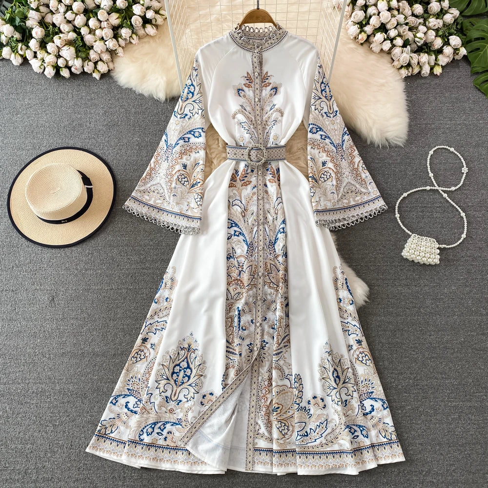 Spring Autumn Women's Dress Vintage Long Sleeve Print Floral High Waist Boho Party Maxi Vestidos Elegant Luxury Long Dresses