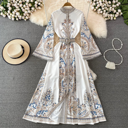 Spring Autumn Women's Dress Vintage Long Sleeve Print Floral High Waist Boho Party Maxi Vestidos Elegant Luxury Long Dresses