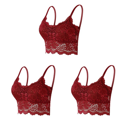 3PCS Women's Lace Bras Top Comfortable Bralette Solid Color Sexy Underwear Vest Female Hollow Out Wireless Lingerie Seamless Bra
