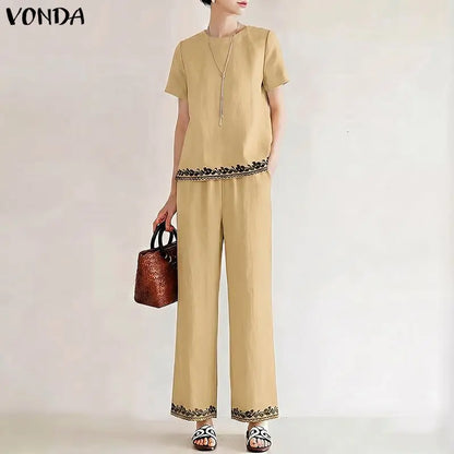 VONDA Summer Thin Women Pant Sets Print 2pcs Casual Short Sleeve Tops Wide Leg Pants Streetwear Two-piece Outfits Blusas Trouser